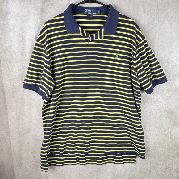 VTG 90s Polo Ralph Lauren Navy/Yellow Striped Rugby Polo Size XL - Picture 1 of 9